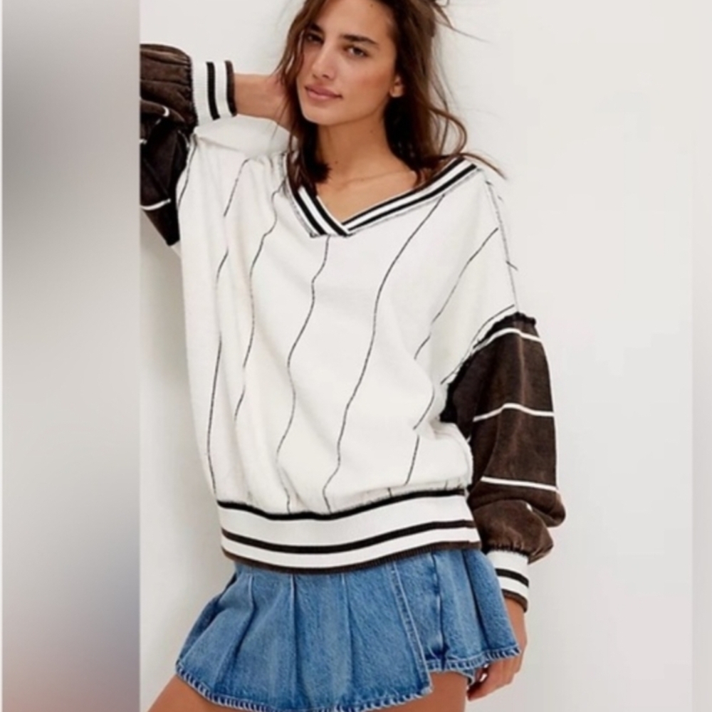 Women's Striped V-Neck Sweater - Cream and Brown